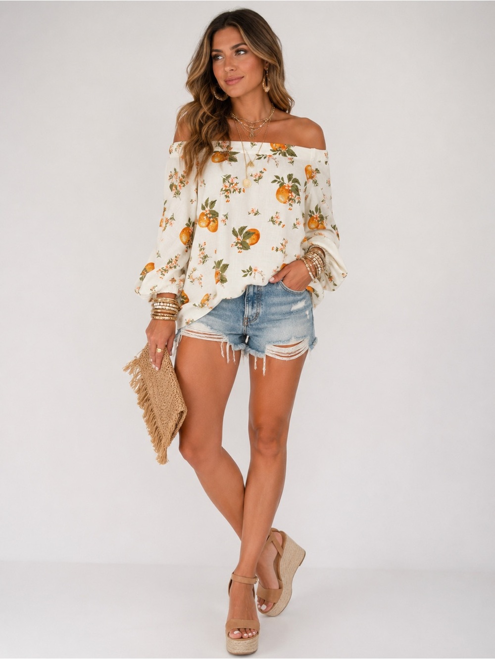 NWT Sugarlips Off-Shoulder Top with Orange & Green Fruit Print